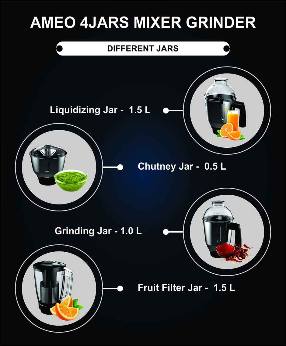 Crompton Ameo 750-Watt Mixer Grinder (3 Stainless Steel Jars And 1 Juicer Jar, Black & Turquoise)