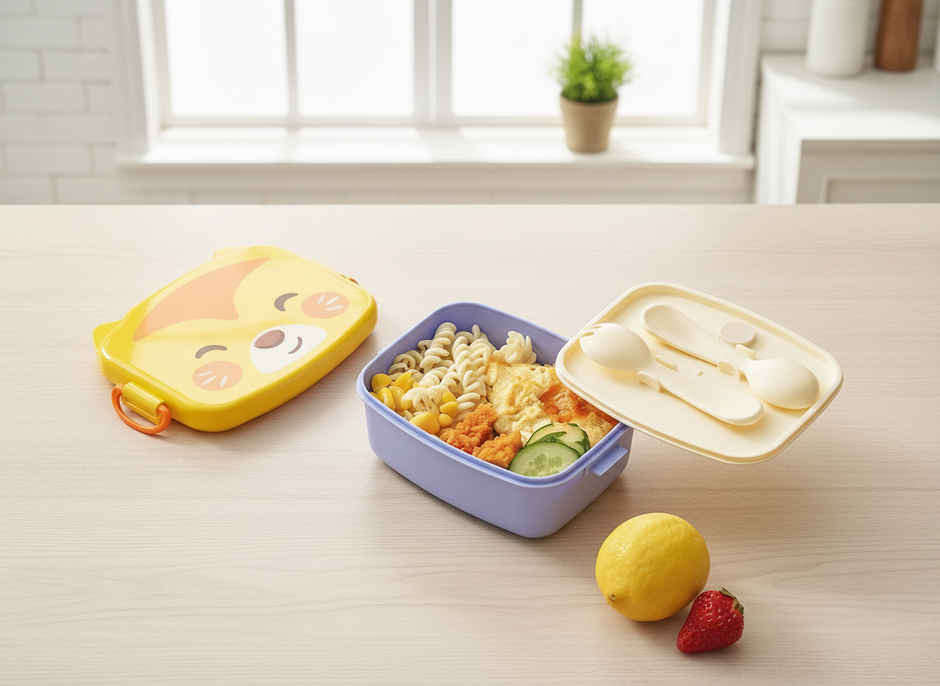 DesignLand Cute Cartoon Kids Lunch Box with Spoon & Fork | Yellow & Purple