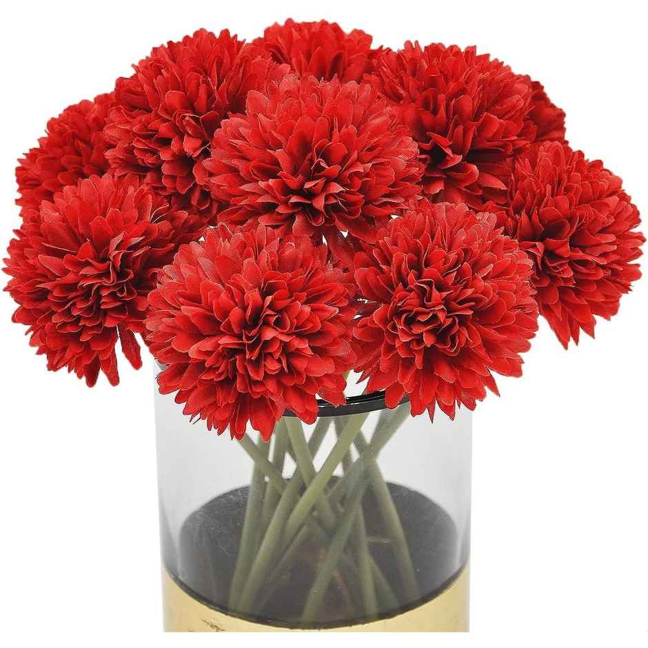 Tied Ribbons Set of 6 Artificial Chrysanthemum Ball Flowers Stick Bunch | Red | 29 Cm
