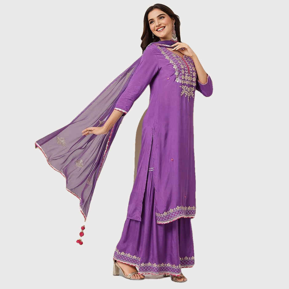 Ishin Women Polyester Kurta Set | INWSDAW24354 | Purple - XL