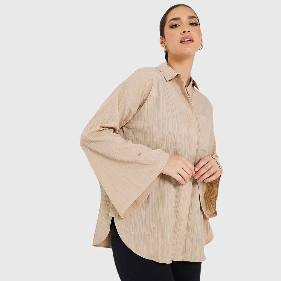 Styli Women's Longline Shirt with Oversized Fit, Roll-up Sleeves and Crepe Fabric | Green - XS