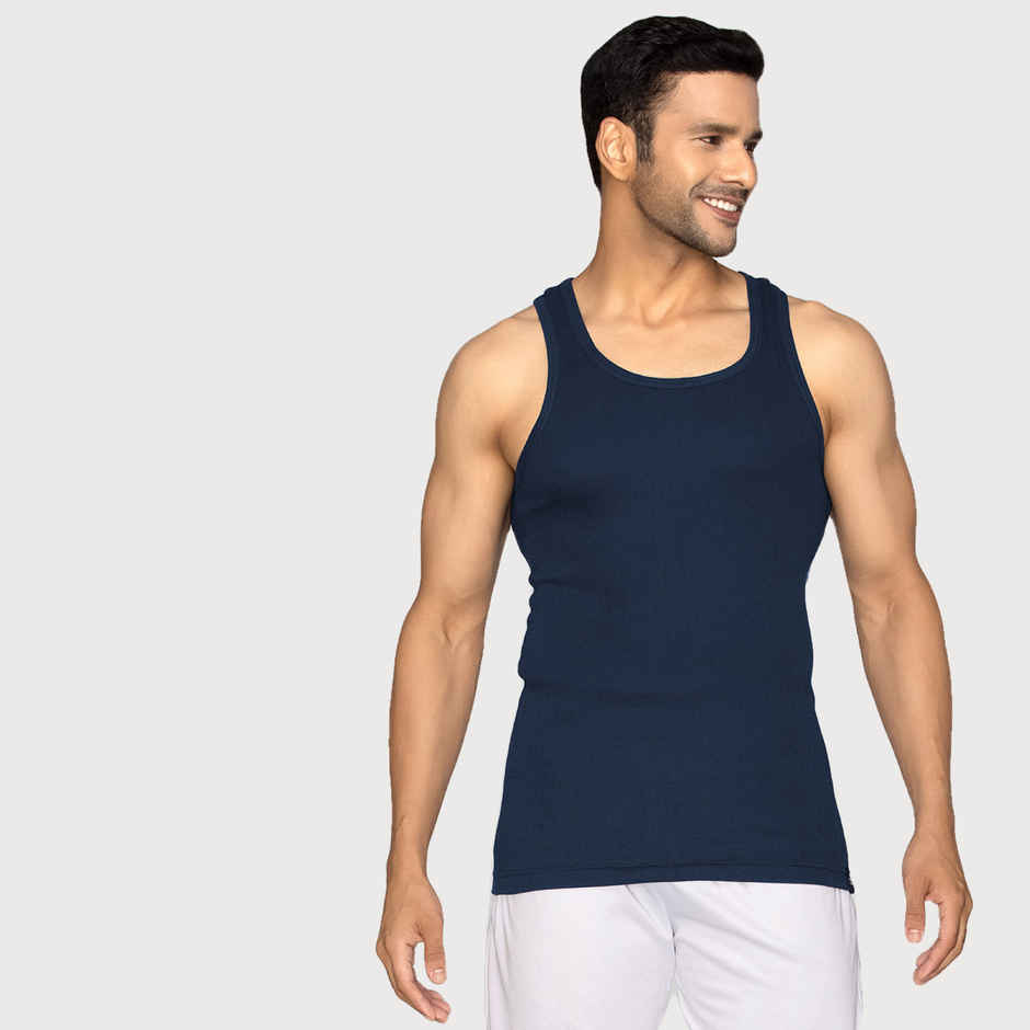 XYXX Men's Cotton Solid Ribbed Round Neck Vest, Pack of 2 , Black Iris & Olive| XL