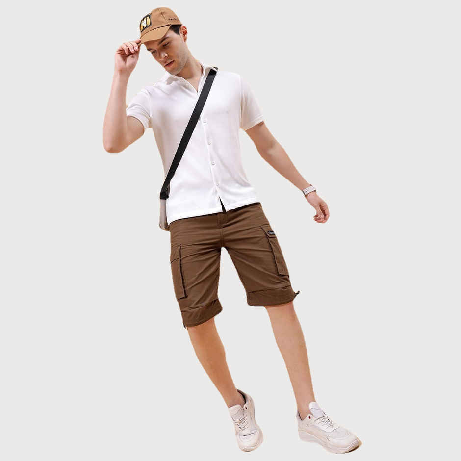 The Indian Garage Co Men Casual Coffee Brown Solid Cargo Parachute Shorts - 36 | 1022-Rpscrgsrt-12