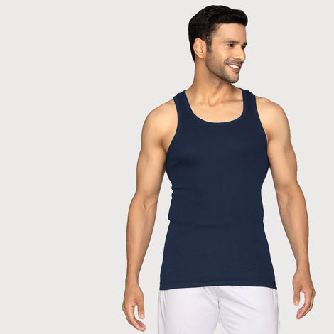 XYXX Men's Cotton Solid Ribbed Round Neck Vest, Pack of 2 , Black Iris & Olive| XL