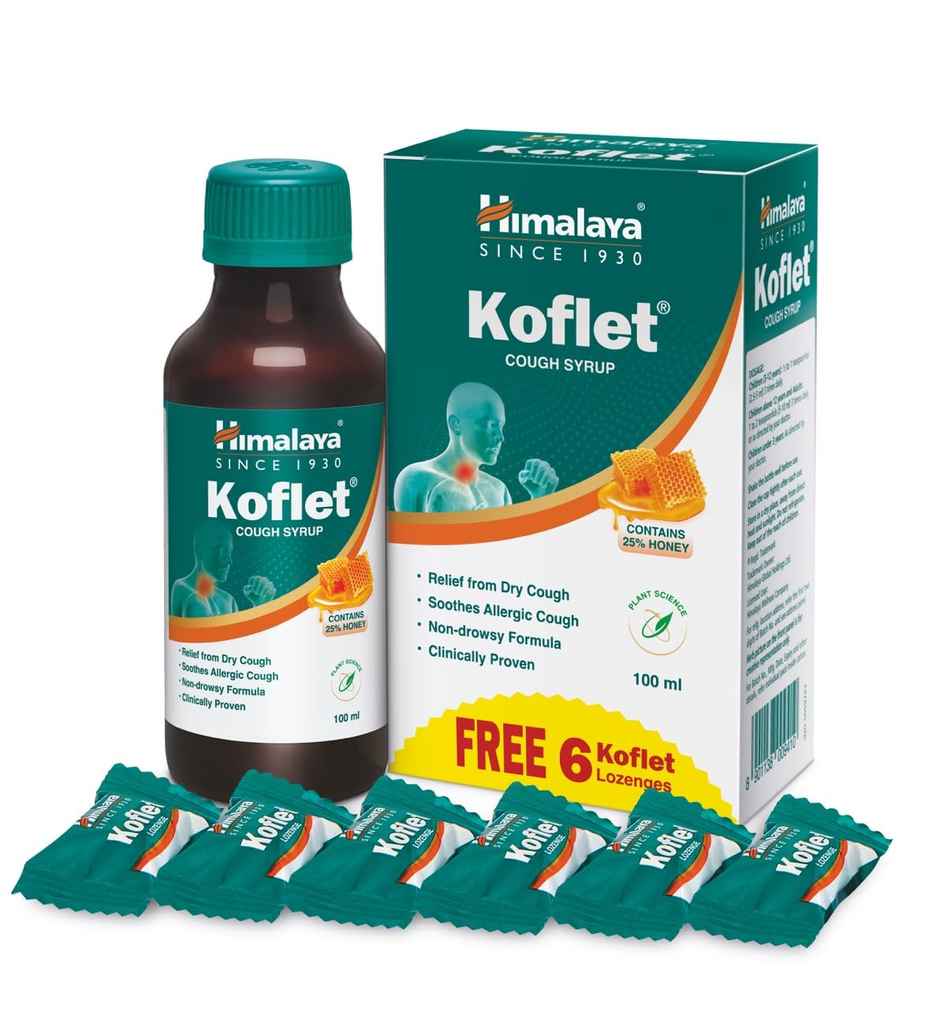 Himalaya Koflet Cough Syrup + 6 Lozenges Free for Cough & Throat Relief | Non Drowsy
