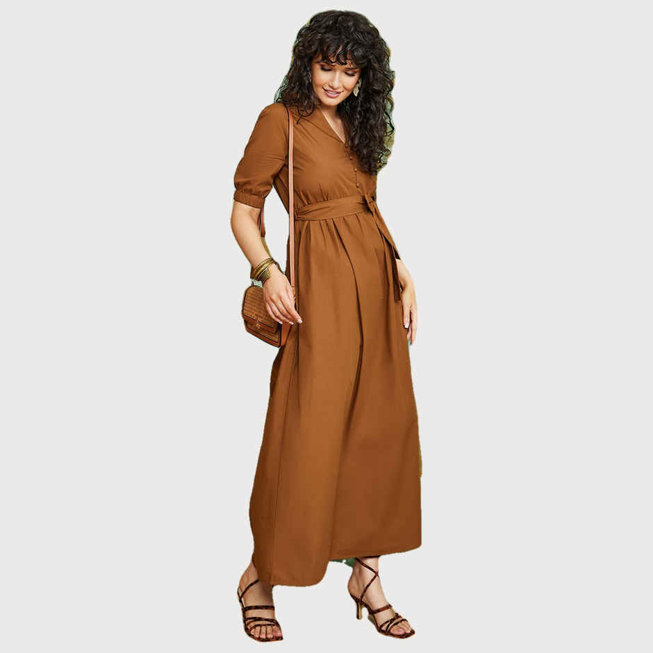 Styli Women's Maxi Dress with Button Detail and Self Tie | Brown - S