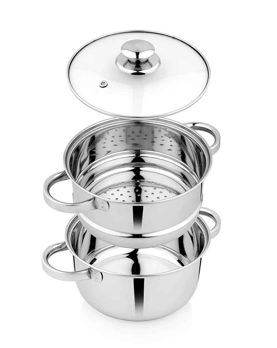 Jensons Stainless Steel Steamer with Glass Lid | Induction Base | Modak, Momo Maker | 2L | Silver