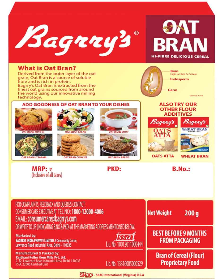 Bagrry's Oat Bran High Fibre and Protein Helps Manage Weight Good Digestive Health