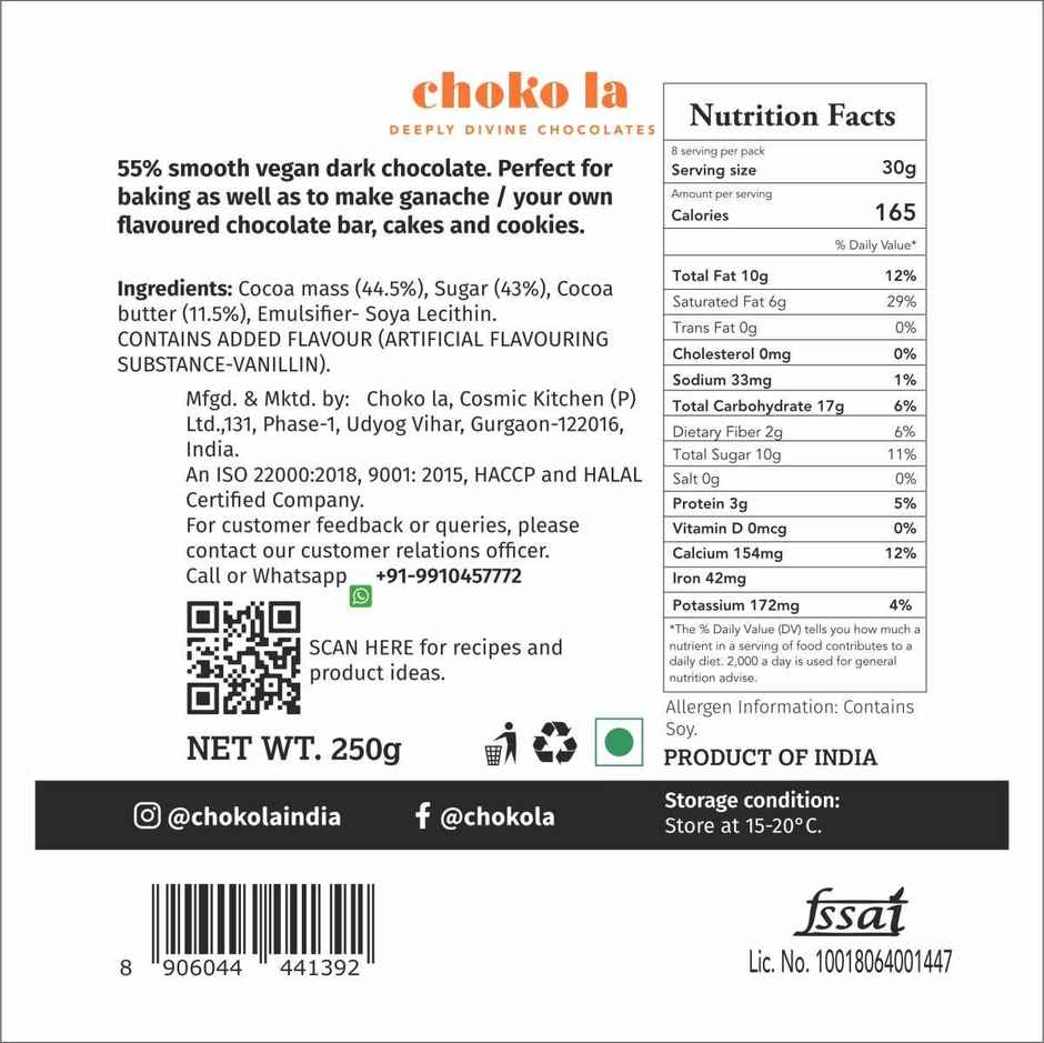 Chokola Dark 55% Baking Chocolate Buttons