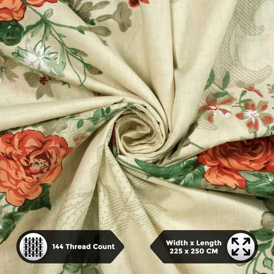 Story@home 144 TC Cotton Double Printed Flat Floral Bedsheet | Cream & Orange | 98 x 89 in
