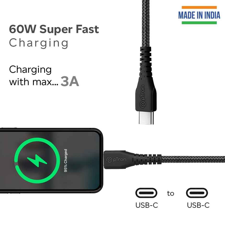 pTron Solero Braid 60W Type C to C Fast Charging Cable 1.5m for Samsung, OnePlus, Oppo, Vivo, Xiaomi, Realme, IQOO & Other Devices - Unbreakable Nylon Braid, 480Mbps Sync Speed - Black