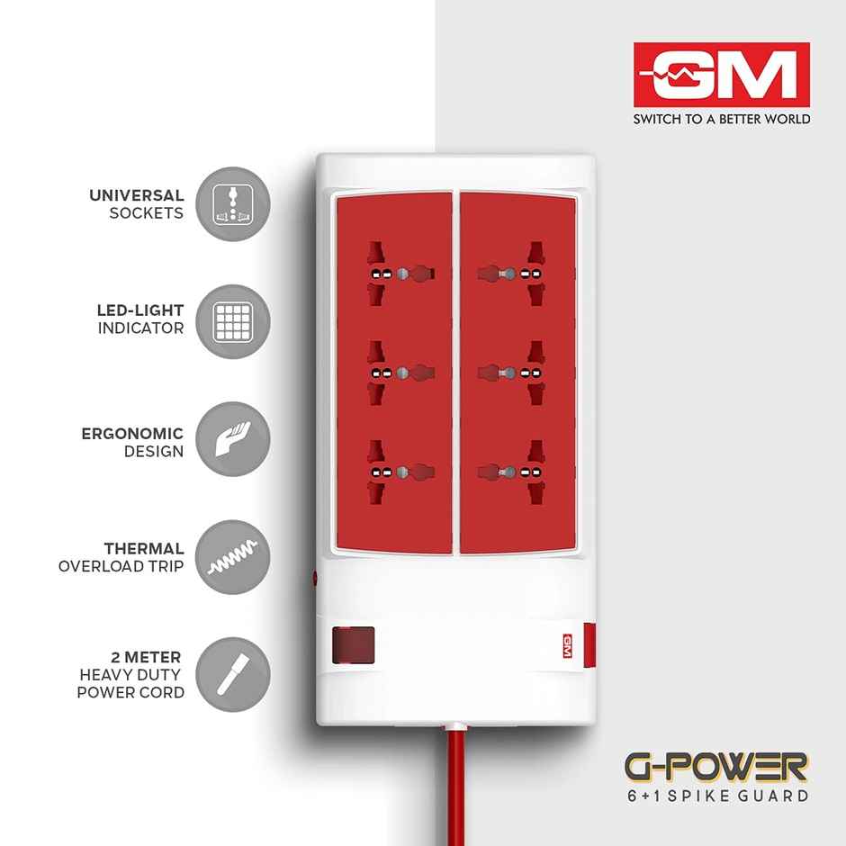 GM 3059 G-Power 6+1 Spike Adaptor with Master Switch, Indicator, Safety Shutter, International Sockets & Surge Protector (2m Cable)