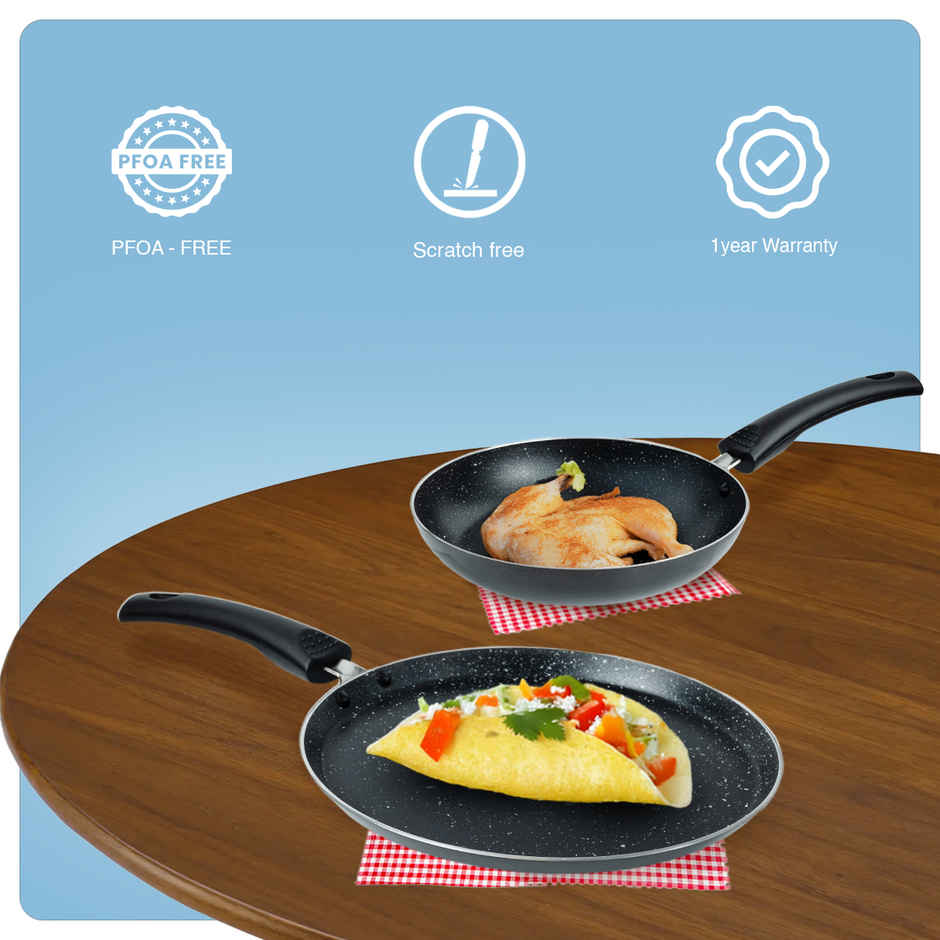 BAY6 Nonstick Cookware Set - (Dosa Tawa 26 cm + Fry Pan 24 cm) - Grey - (2pc)