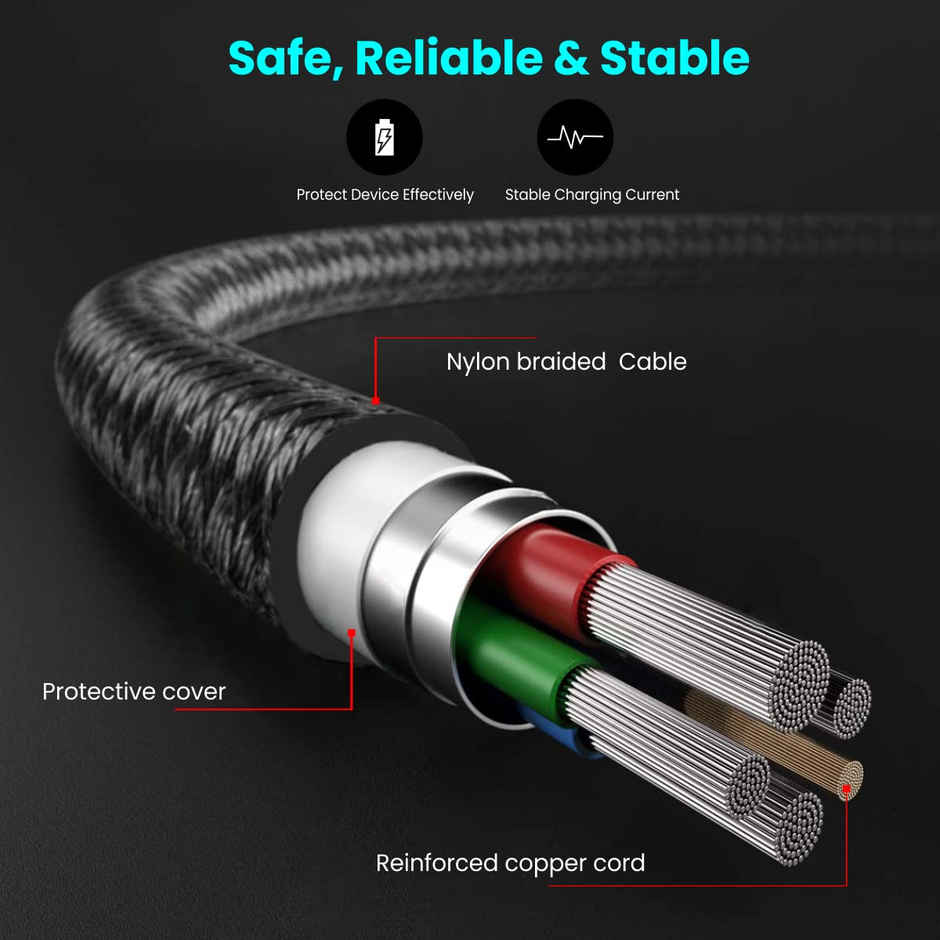 Portronics Konnect L1 20W Type C to 8 Pin Quick Charging Cable with Nylon Braided, Metal Heads, 1 M Length - Black