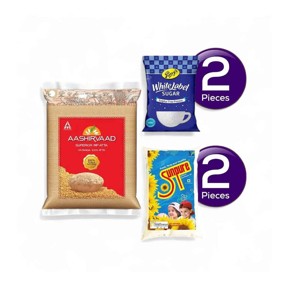 Aashirvaad Atta(10kg), Sunpure Refined Oil -Sunflower(1l) & Parrys White Label Sugar(1kg) Combo