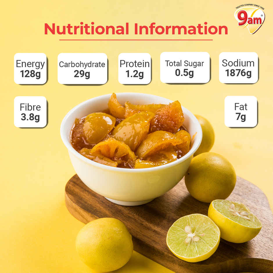 9am Super Gold Lime Pickle, Tangy Nibmu, Perfect for Meals With Pratha