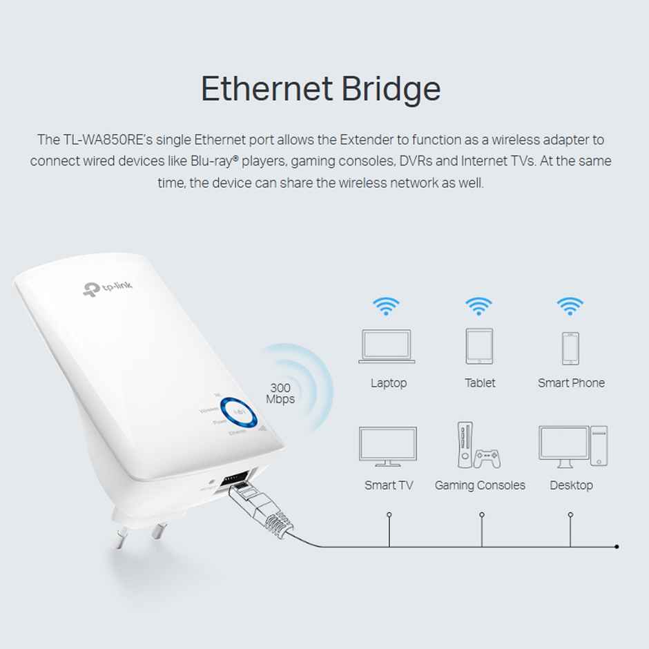 TP-Link TL-WA850RE 300Mbps Wi-Fi Wireless Range Extender, Wi-Fi Booster - White