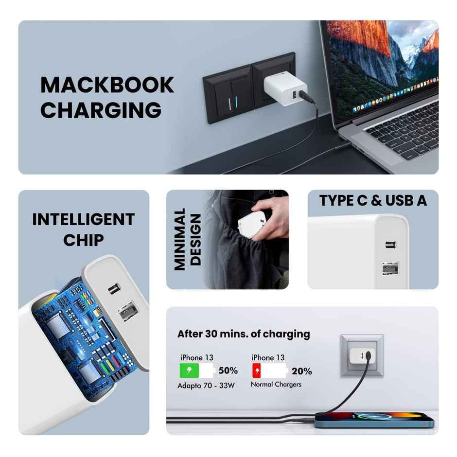 Portronics Adapto 70 33W Fast Charger Adapter with Dual Output (USB + Type C) Supports PPS Charging Via Type C Port, 27W Dash, Warp 27W, Dart, Super Dart 27W - White