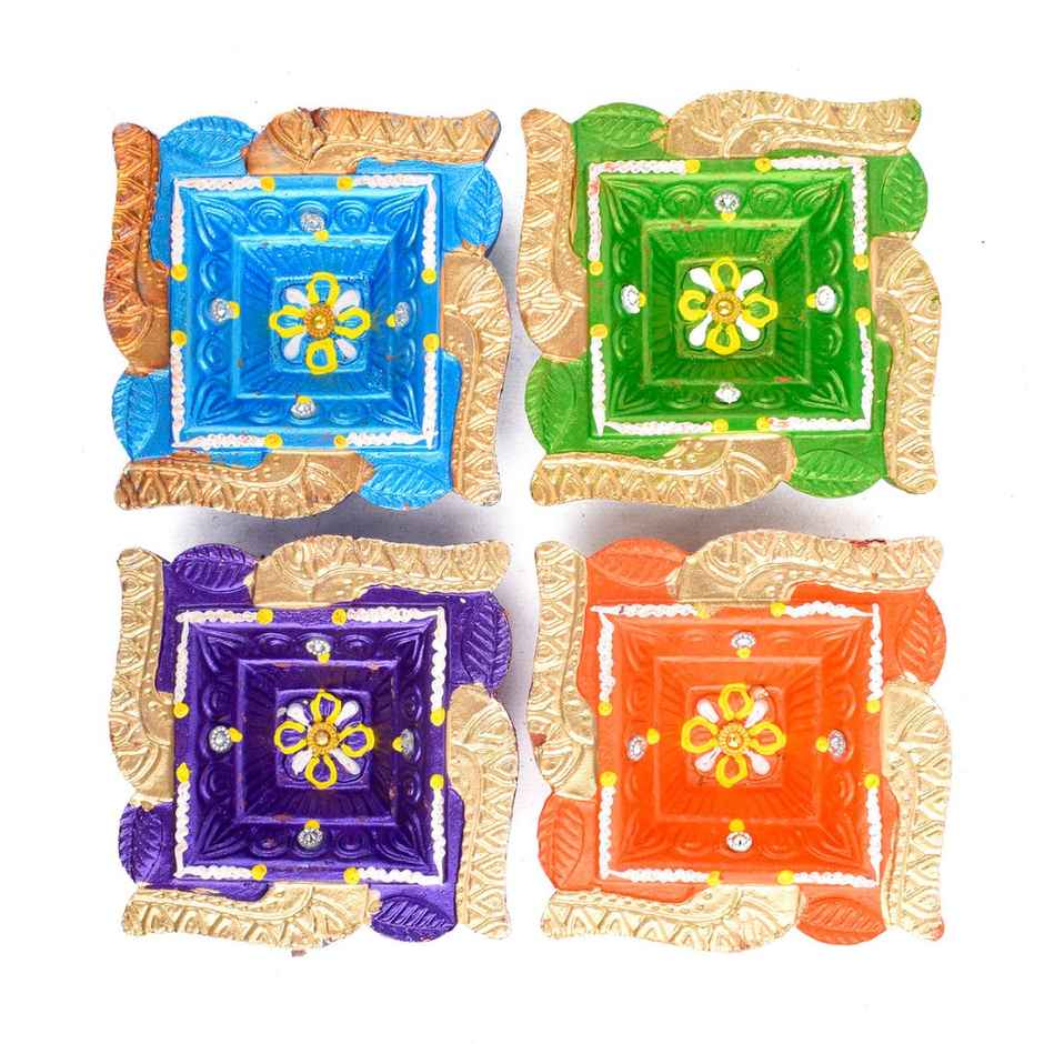 Designer Multicolor Clay Diya | Assorted Shapes | Designer Diya | 4 Pcs | Satvik