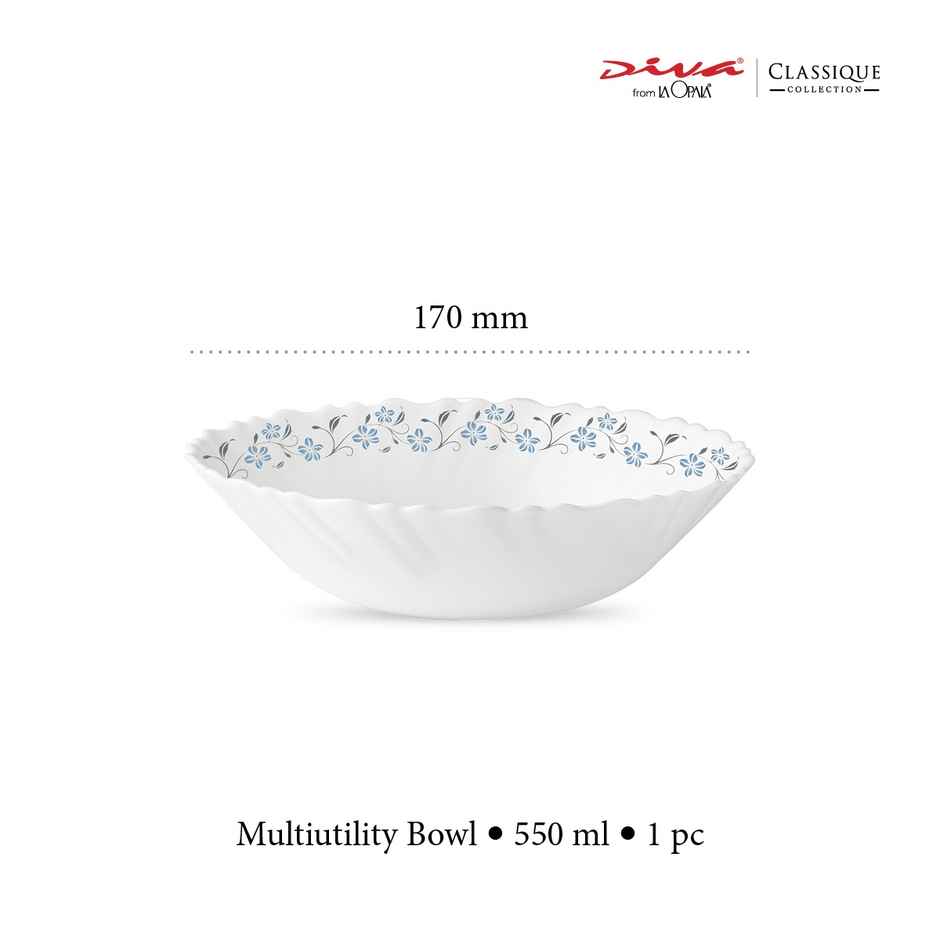 La Opala Diva Classique Multiutility Bowl | Opal Glass Bowl for Dining & Serving - Grace Blue