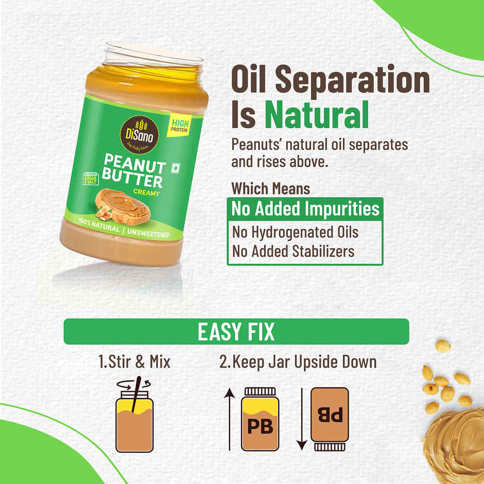 DiSano Natural Peanut Butter - Creamy, Unsweetened, 28.3% Protein, No Added Sugar,Pure Peanut