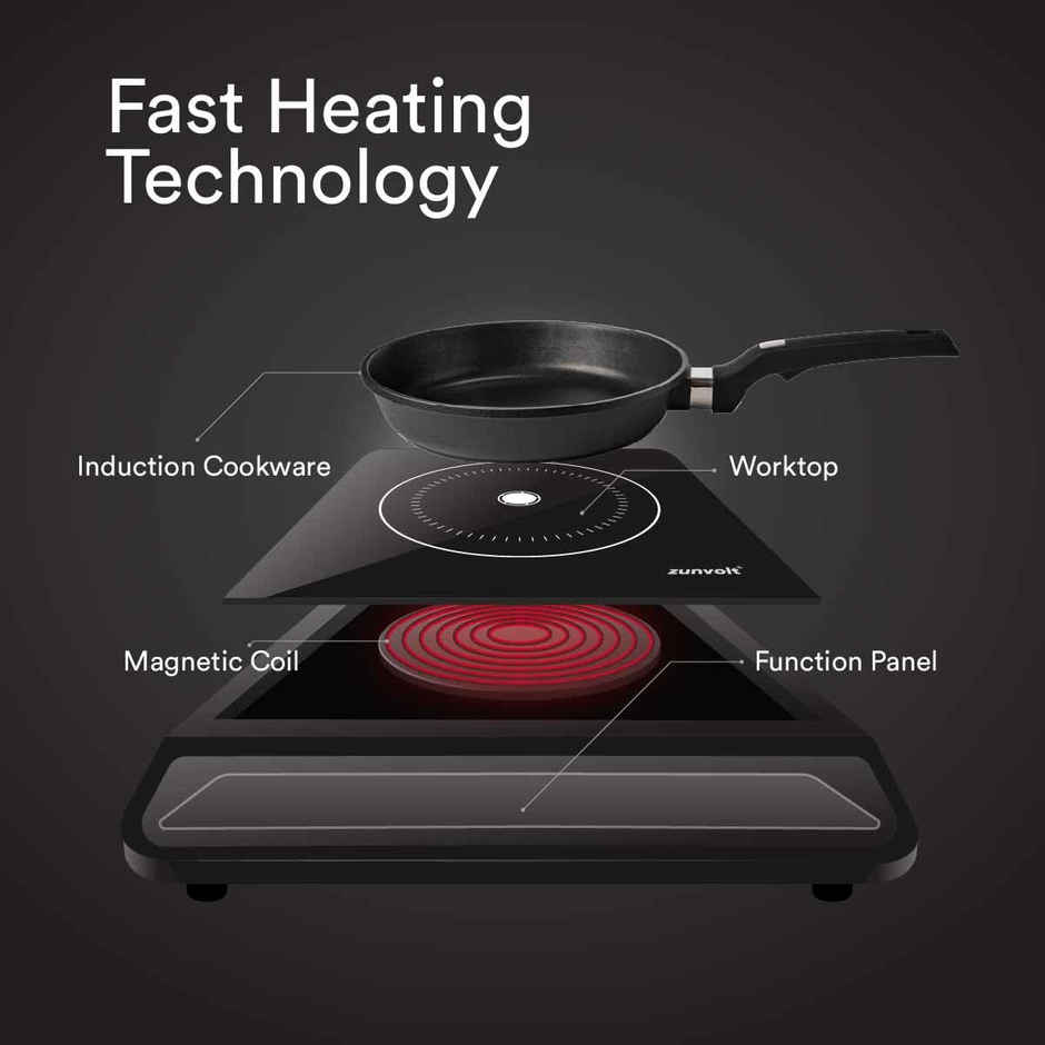 ZunVolt 2000 W Induction Cooktop Push Button, Unbreakable Glass Cooltouch Shockproof - Black