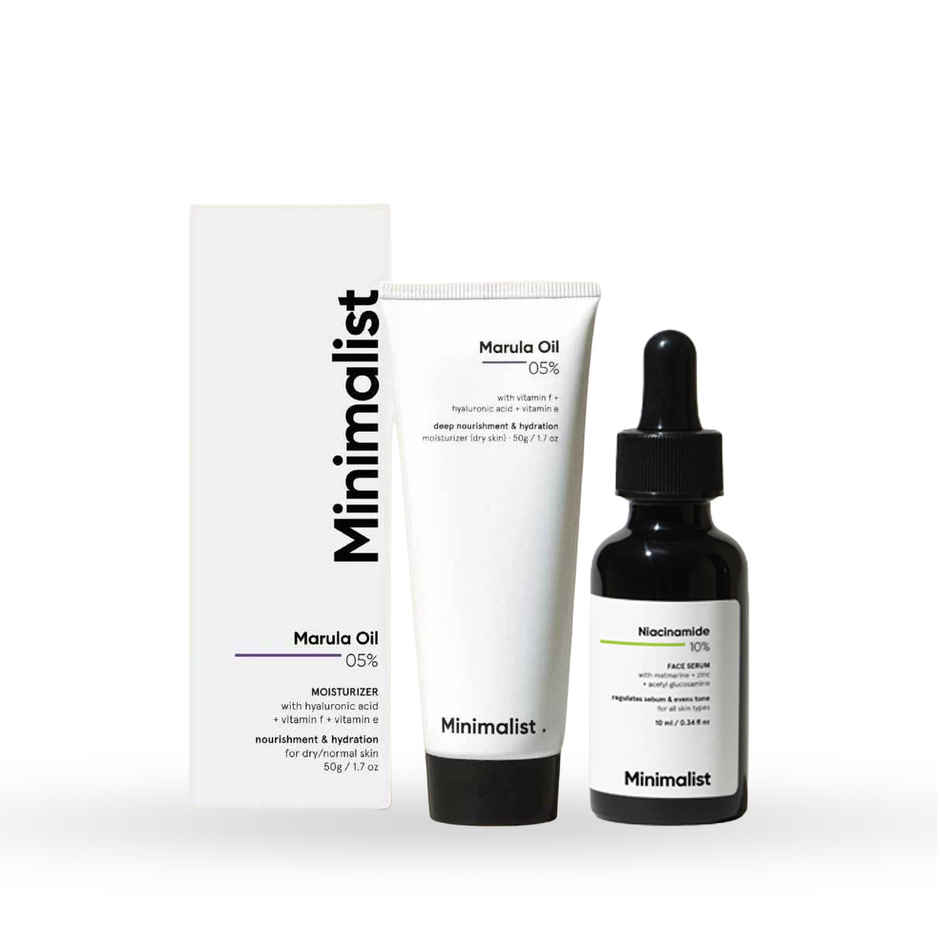 Minimalist 5% Marula Oil Face Moisturizer Cream Based Nourishing & Hydrating For Men & Women (50ml) & Minimalist Niacinamide 10% With Matmarine + Zinc + Acetyl Glucosamine (10ml) Combo
