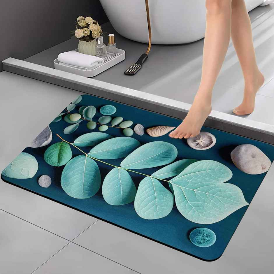 Casacraft by Pepperfry Casacraft by Pepperfry Blue 3D Print Floral Rubber 24x16 Inch Bath Mat