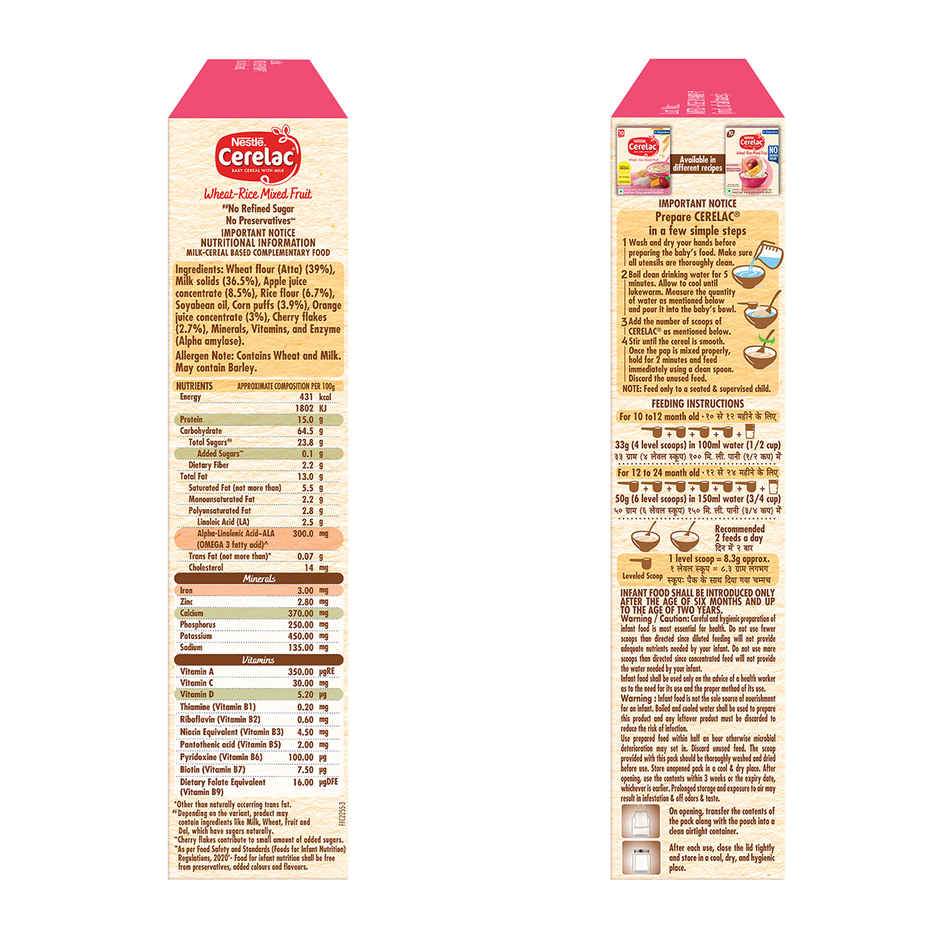 Nestle Cerelac Wheat Rice Mixed Fruit Baby Food Cereal | No Refined Sugar & No Preservatives | 10-24 Months
