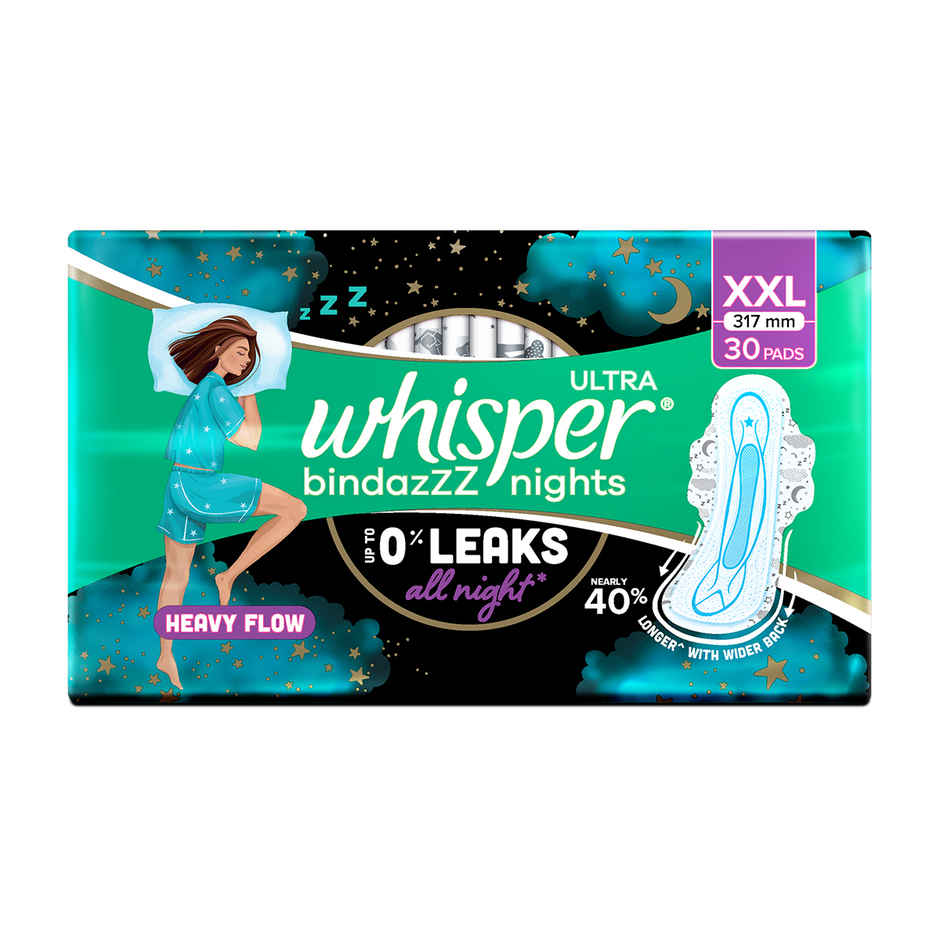 Whisper Bindazzz Nights Sanitary Pads | XXL | 30 pcs