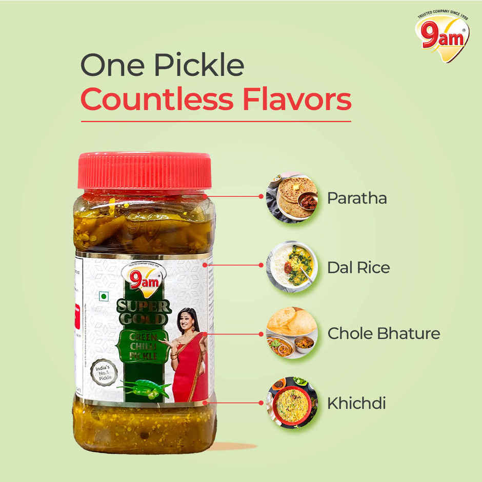 9am Super Gold Green Chilli Pickle, Spicy & Tangy Hari Mirch Achaar