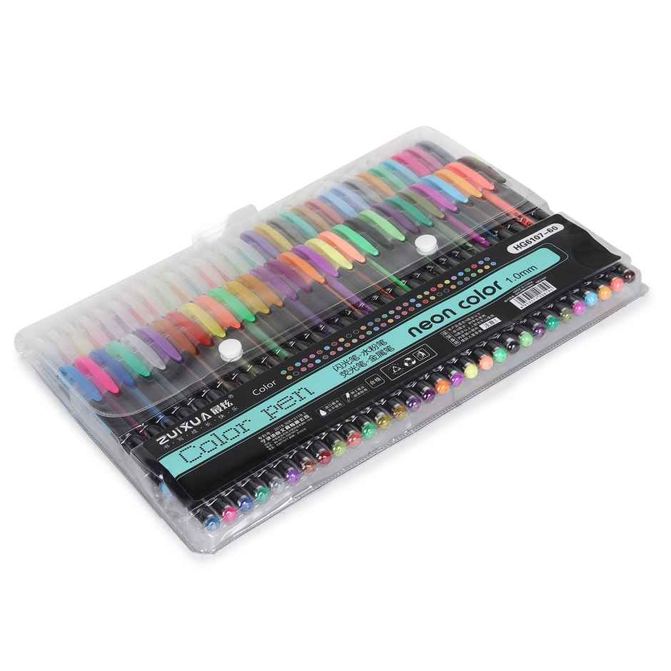 Chrome 6107-60Pcs Neon Gel Pens Set with Fluorescent, Metallic, Glitter, & Pastel Colours