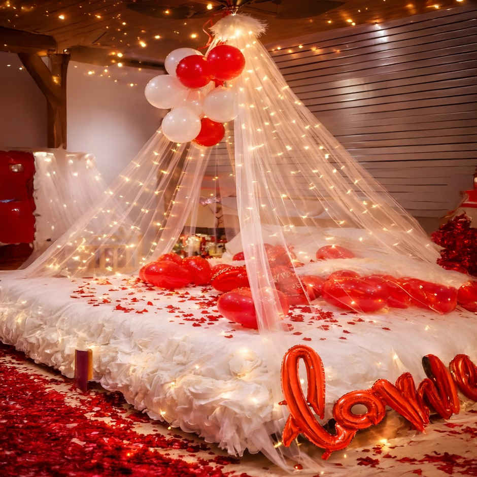 Tent Romantic Decoration Set|Red & White Balloons, Foil Heart, LED Light, Backdrop Curtains | Hemito