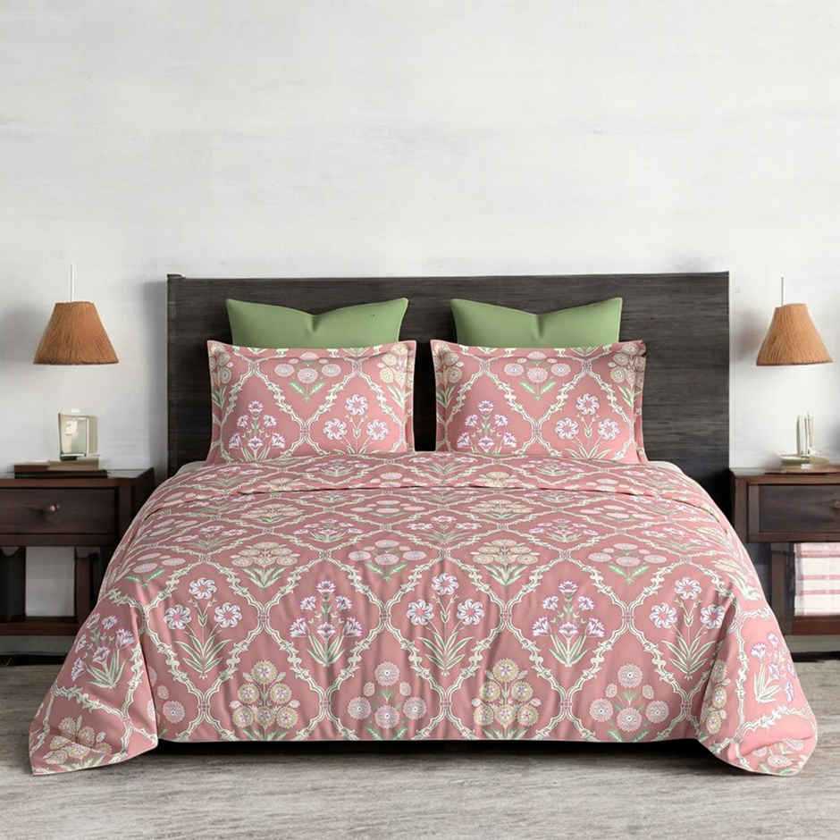 Furnofy Premium King Size Jaipuri Bedsheet | With 2 Pillow Covers | Light Pink & Green, 108x108in