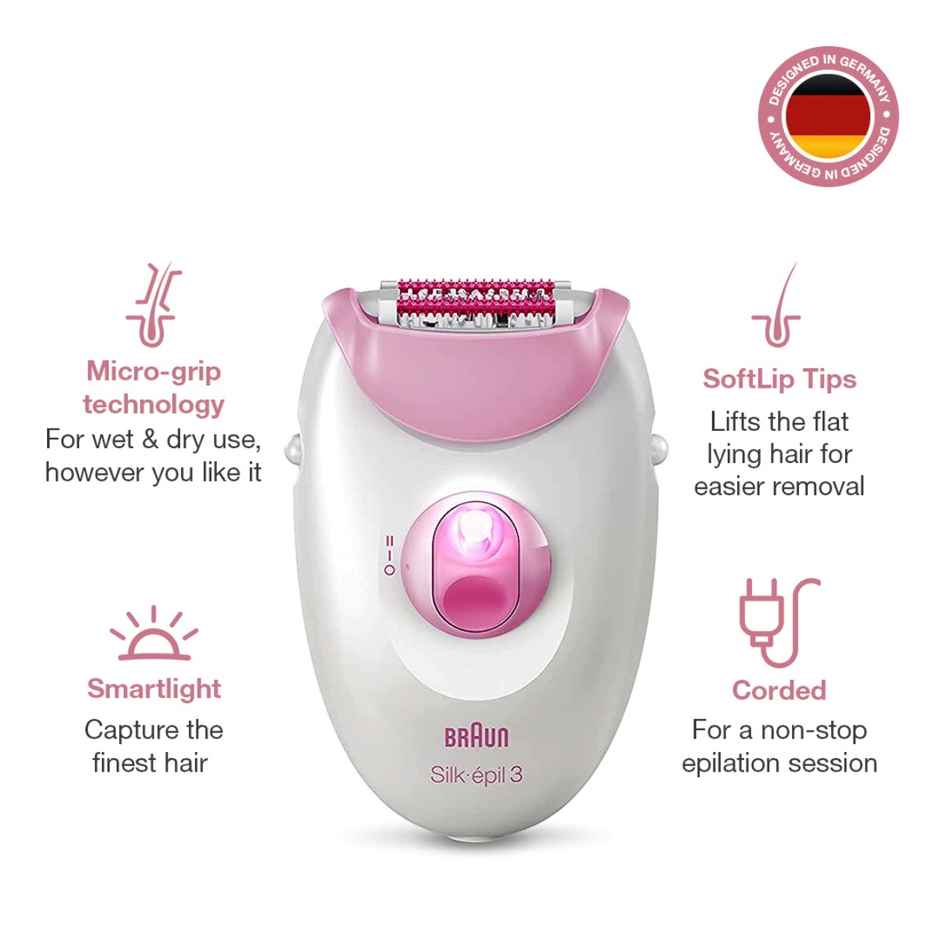 Braun Silk Epilator Se 3031 For Long-Lasting Hair Removal From Roots,White & Pink