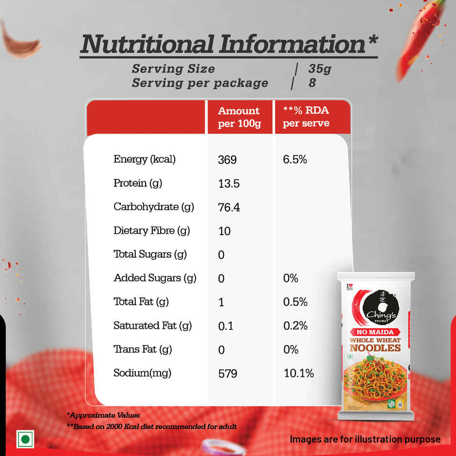 Ching's Secret Whole Wheat Noodles | No Maida | Air Dried-Not Fried | High Fiber Atta Noodles