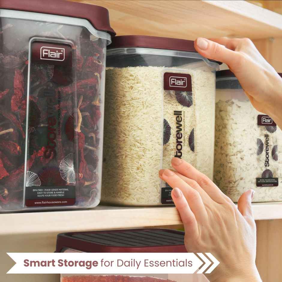 Flair Plastic Storewell Square Food Storage Containers Maroon - Set Of 3 Pcs (2400Ml,6000Ml, 8000Ml