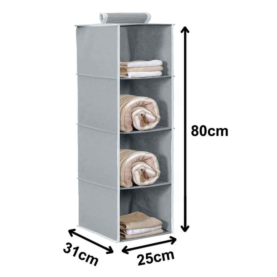 Kuber Industries Pack of 2 Non Woven Fabric Foldable Hanging 4 Shelves Wardrobe Organizer (Grey)