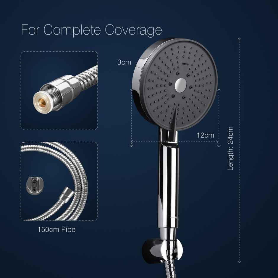 Hindware 3 Mode Hand Shower with 1.5 Meter Flexible Steel Hose Pipe & Wall Hook, Grey Finish