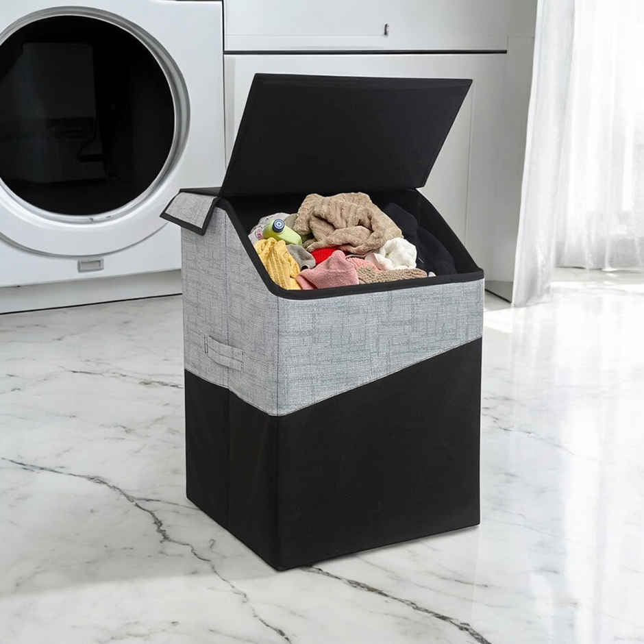 Prettykrafts 75L Laundry Square Basket Bag/Foldable/Multipurpose/Carry Handles/(Single) Jute Black