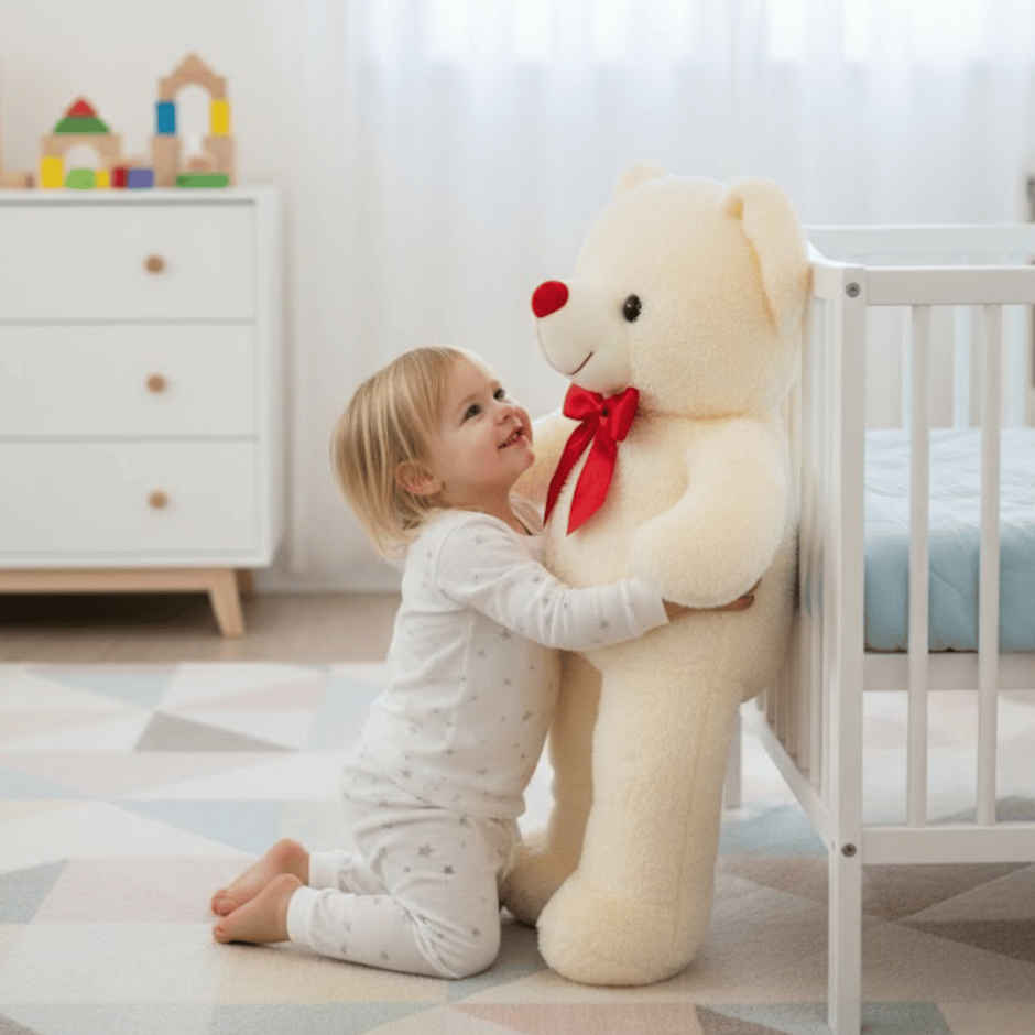 Toytales Soft Toy Cream Teddy Bear | Plush Stuffed Animal With Ribbon| Cute Toys For Girls 90 cm