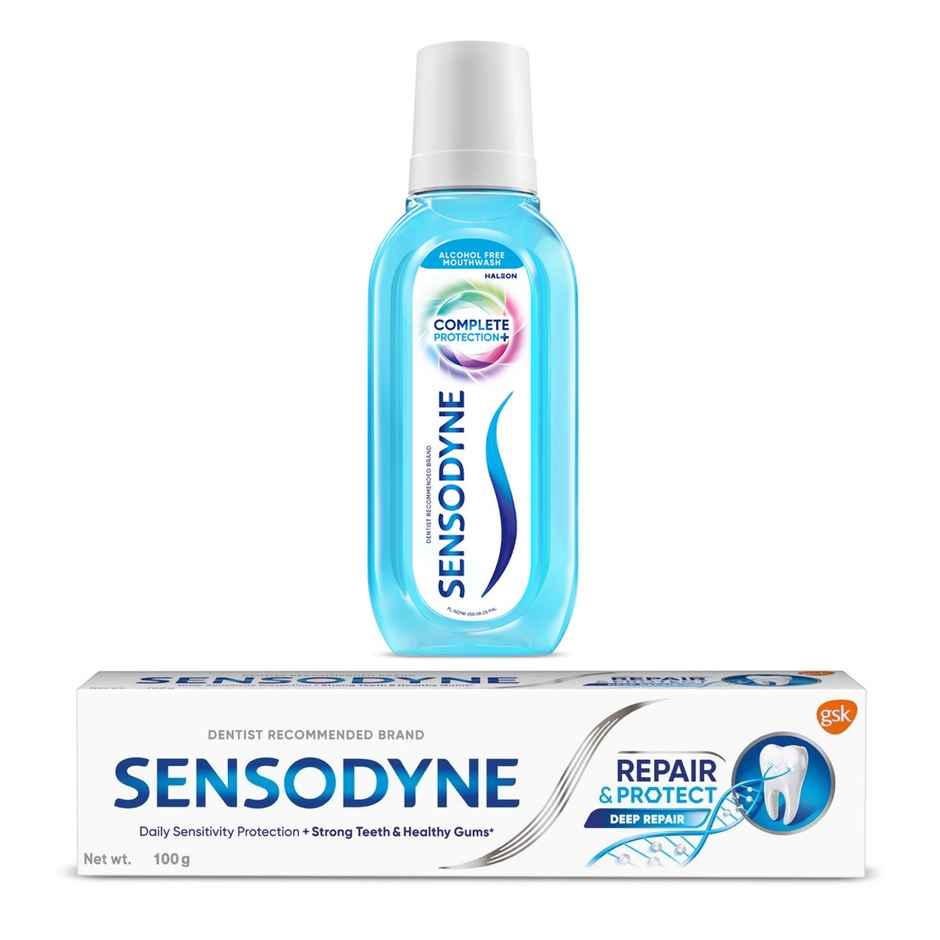 Sensodyne Complete Protection+ Mouthwash (250ml) & Sensodyne Toothpaste Repair & Protect, Tooth Paste For Deep Repair Of Sensitive Teeth (100g) Combo