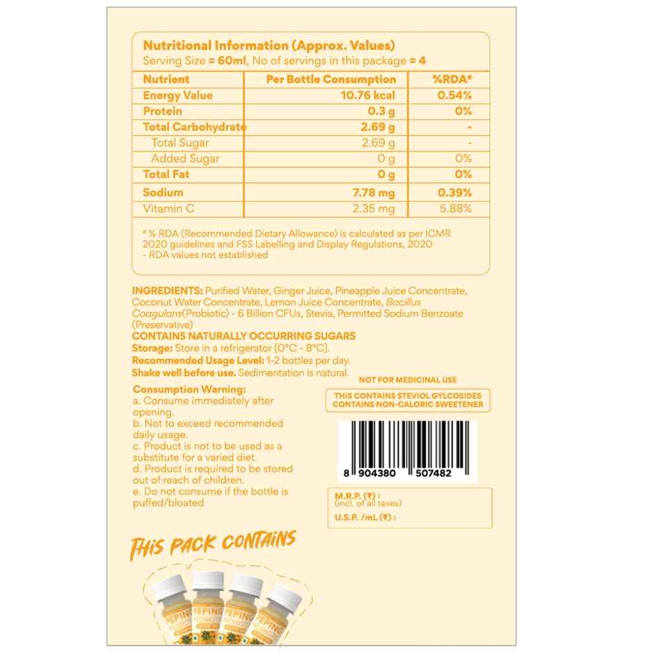 Peping Probiotic Digestive Shot - Ginger And Pineapple