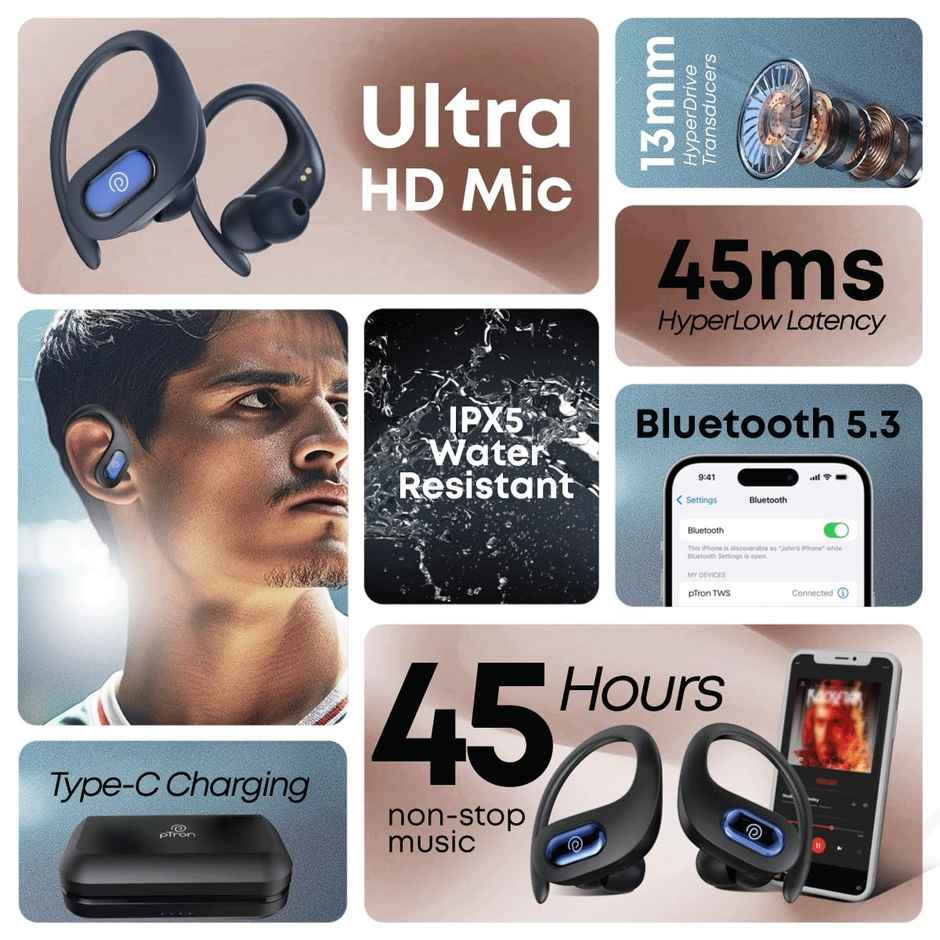 pTron Bassbuds Sports In-Ear TWS Earbuds With HD Mic | 45H Playtime | 45ms Movie/Music Modes - Black