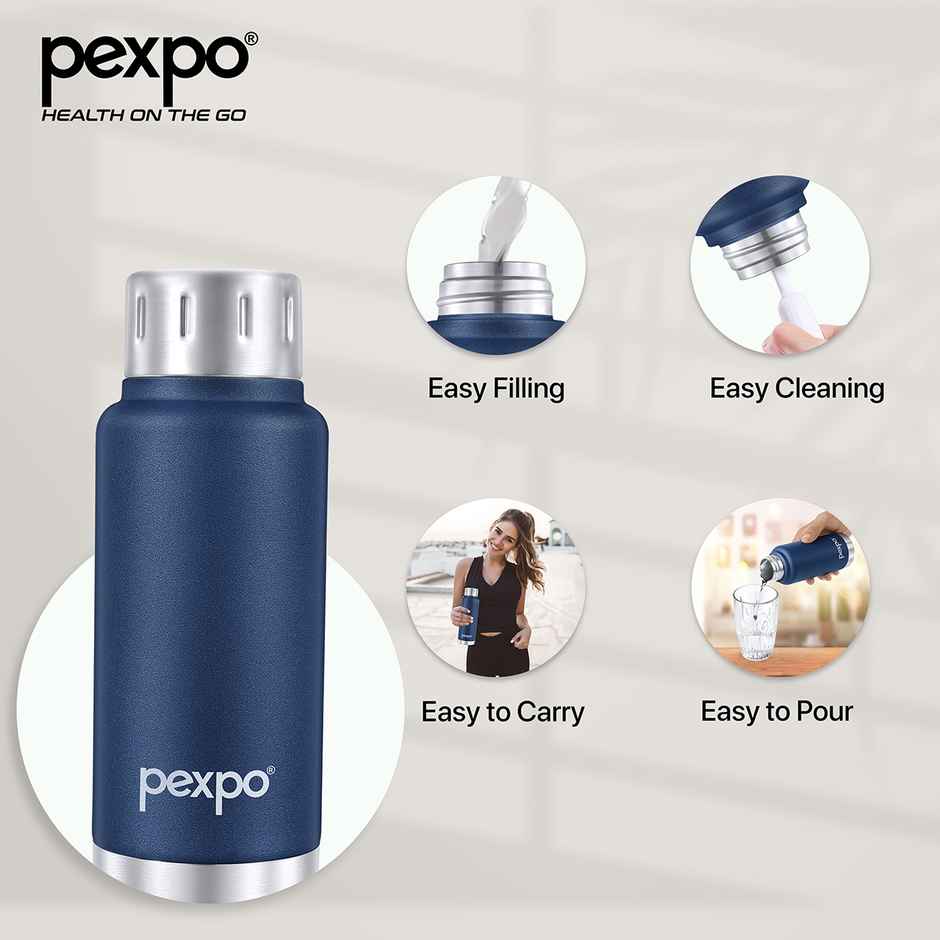 Pexpo Stainless Steel Cameo Hot & Cold Water Bottle | Denim Blue | 300 ml