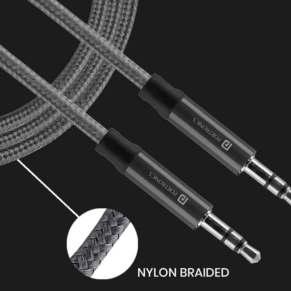 Portronics Aux 5 Stereo Audio Aux Cable 1.5m 3.5mm Metal Head Connectors, Nylon Braided with Universal Compatibility - Grey