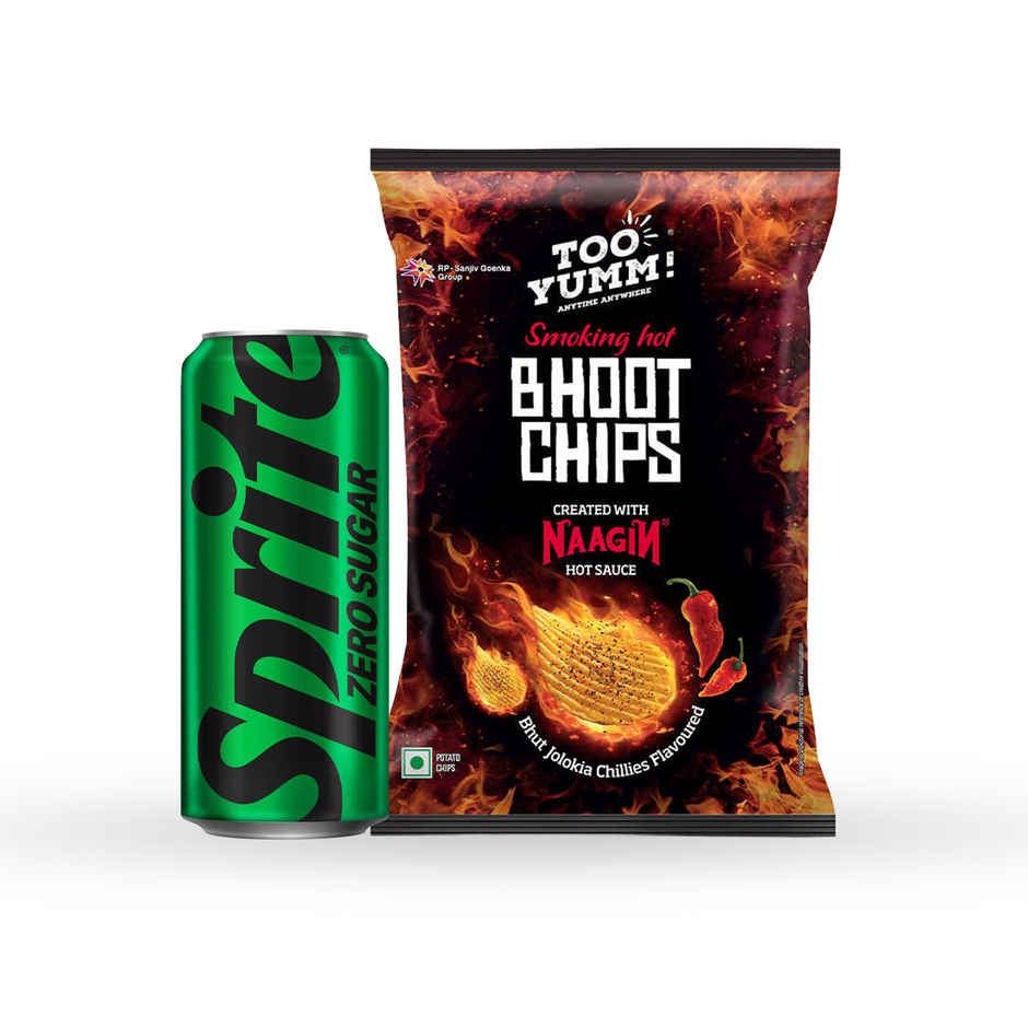 Sprite Zero Lemon Diet Soft Drink Can (300ml) & Too Yumm! Bhoot Potato Chips Spicy Chilli Flavour Chips | No Palm Oil Snacks (79g) Combo