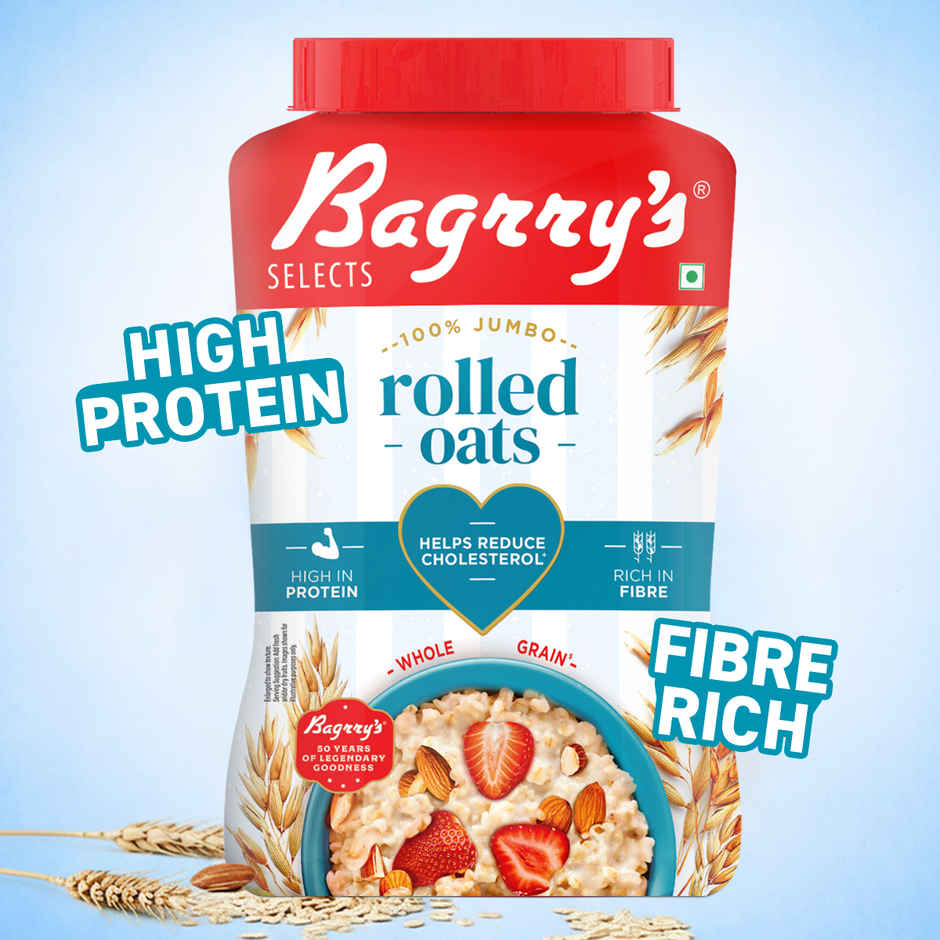 Bagrry's Rolled Oats Jar High Fibre Premium Rolled Oats Protein Rich Breakfast Cereal Wholegrain Breakfast