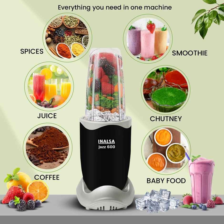 Inalsa Nutri Blender | Mixer Grinder Jazz 600 | 600W | 5 Jar,3 Blades& Froth Blade - Black & Silver