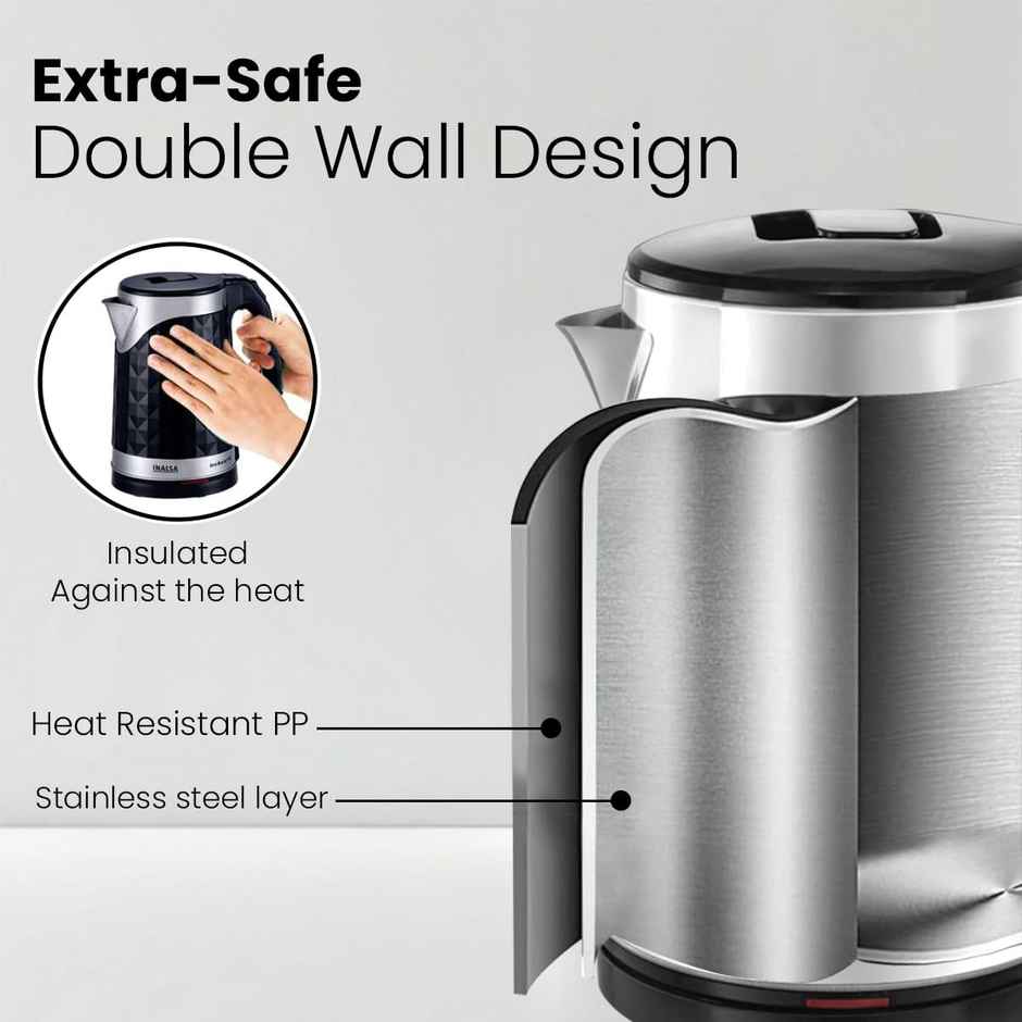 INALSA Double Wall Kettle Prism BK,1.8 Ltr,1500W |Diamond Cut Design ,Stainless Steel Inner Body
